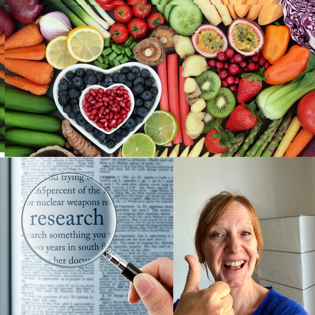 Eine Frau mit einer Lupe und Gemüse.